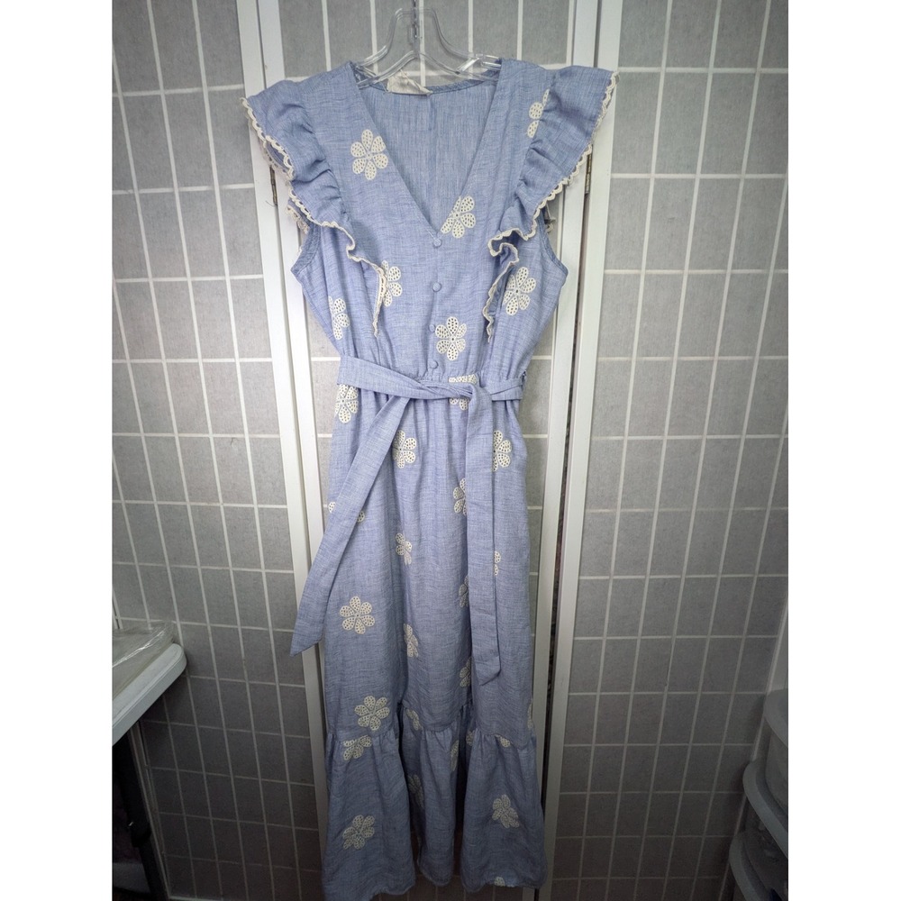 Original USA Womens Maxi Dress L/XL Blue Linen Blend Floral Eyelet Ruffle Boho